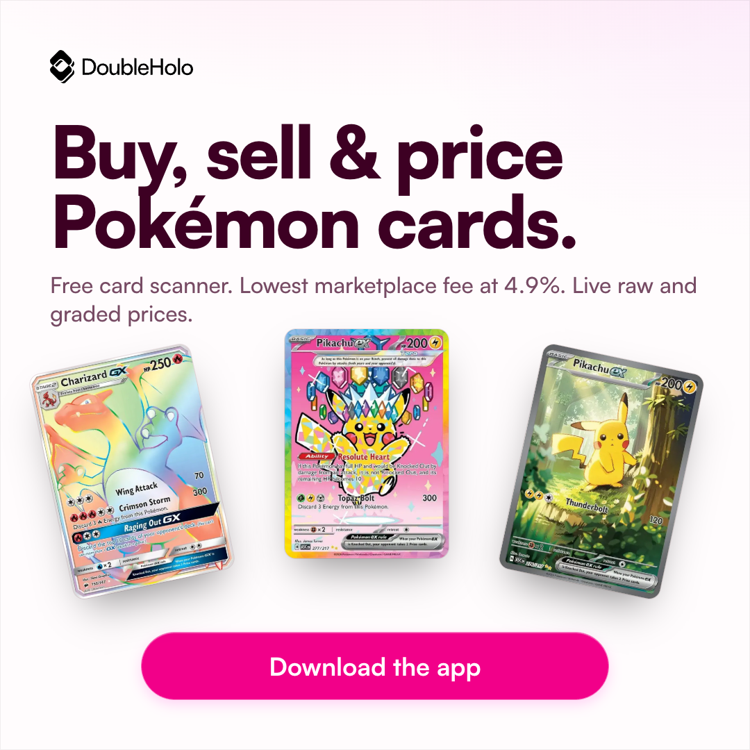 DoubleHolo: buy, sell and price Pokémon cards. Free card scanner, 4.9% marketplace fee, live raw and graded prices.
