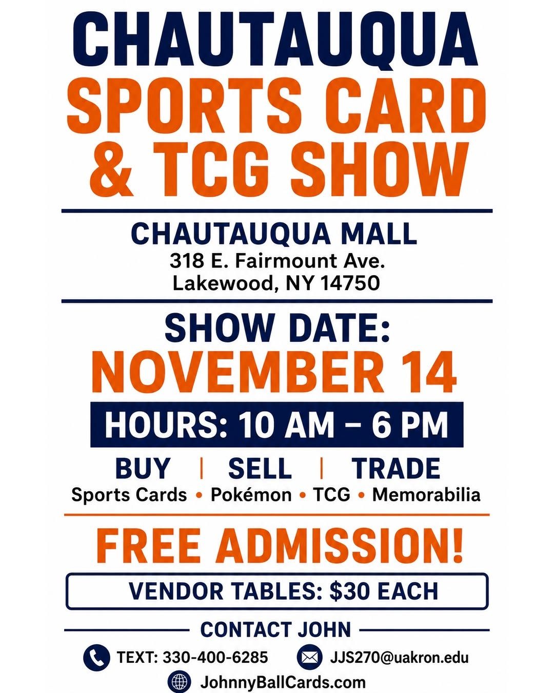 Flyer for Chautauqua Mall Sports Cards & TCG Show